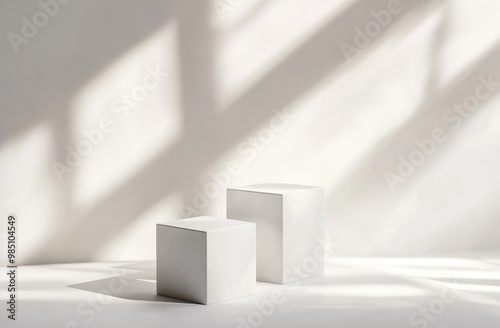 Two white cubes on a white background with sunlight and shadows.