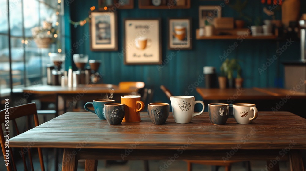 A cozy, rustic coffee shop scene with wooden tables, a variety of coffee mugs, and freshly brewed coffee. A cozy, rustic coffee shop scene with wooden tables, a variety of coffee mugs, and freshly brewed coffee.