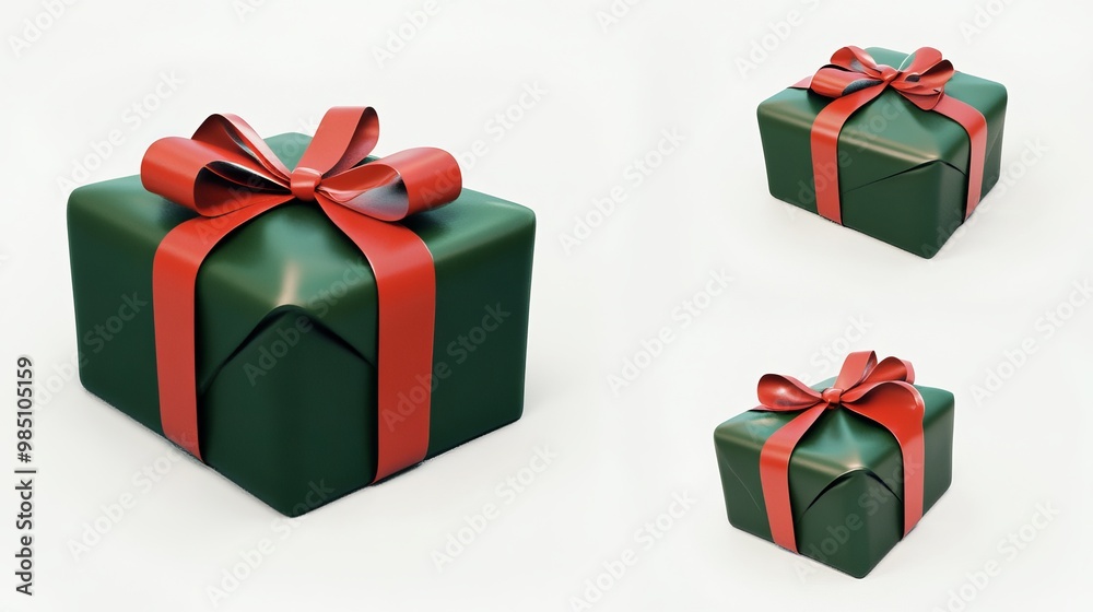 A green gift box tied with a red ribbon and bow. The box is shown in different ways, like from the side or the top. A green gift box tied with a red ribbon and bow. The box is shown in different ways, like from the side or the top.