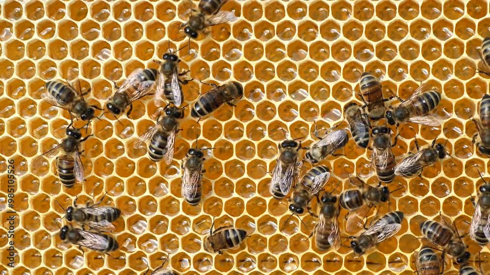 Summer activities of bees inside the hive.
Bees create wax honeycombs and convert nectar into honey.
Summer activities of bees inside the hive.
Bees create wax honeycombs and convert nectar into honey.