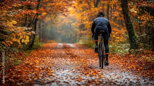 A cyclist riding through a colorful autumn forest, vibrant fall colors and nature