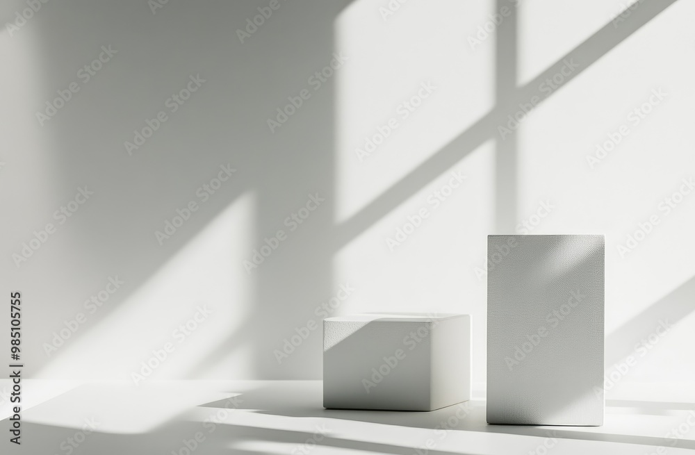Two white square podiums on a white background with a window's shadow. Two white square podiums on a white background with a window's shadow.