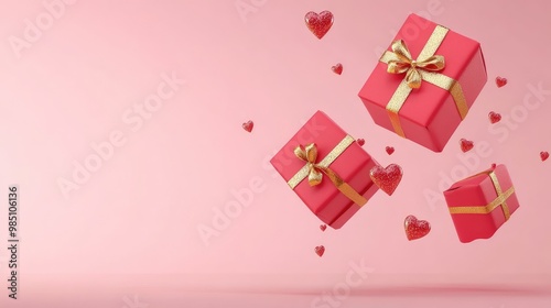 Three red gift boxes with golden ribbons and hearts floating in the air on a pink background.