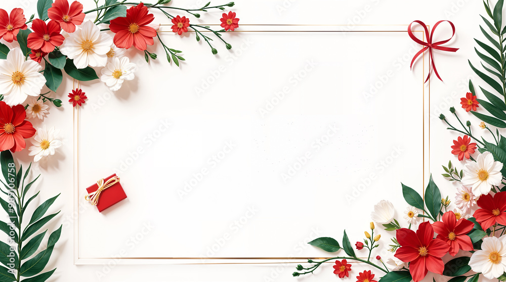 Obraz premium Floral Frame & Holiday Greetings. Festive Floral Frame with Gift Box and Ribbon: Red and White Flowers Border a Blank Space, Perfect for Holiday Greetings and Invitations.