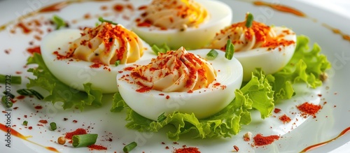 Plate With Hard Boiled Eggs With The Addition Of Mayonnaise Green Leaves Of Lettuce And Pieces Of Red Sweet Paprika