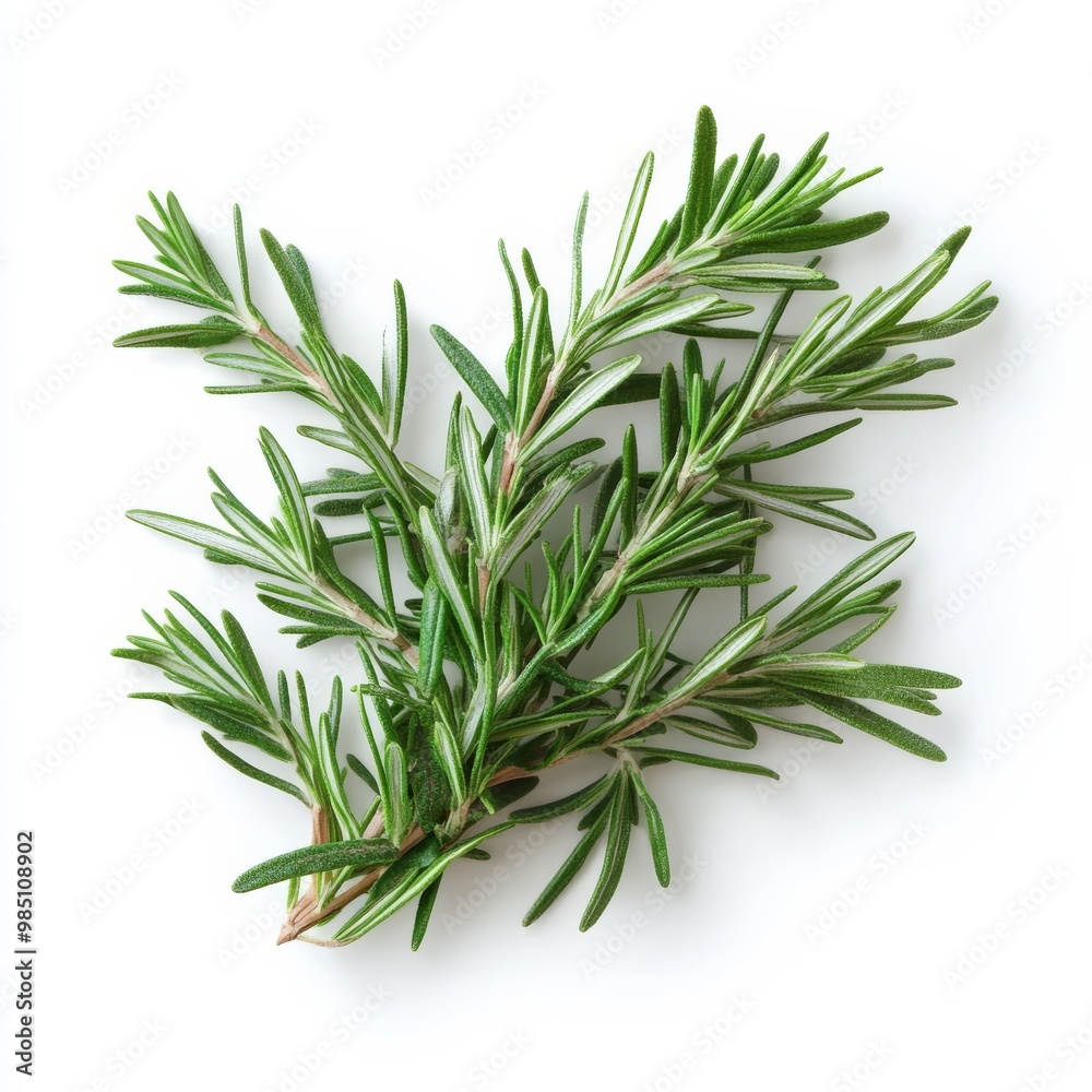 Fototapeta premium A lone twig of rosemary set on a clean white surface. 