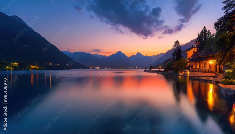 Serene twilight landscape with mountains and calm water reflecting the sunset.