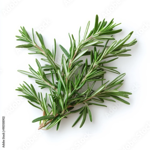 A lone twig of rosemary set on a clean white surface. 