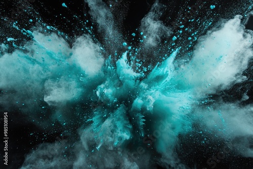 Turquoise paint explosion splash abstract background. Colorful cloud, dust explode on black