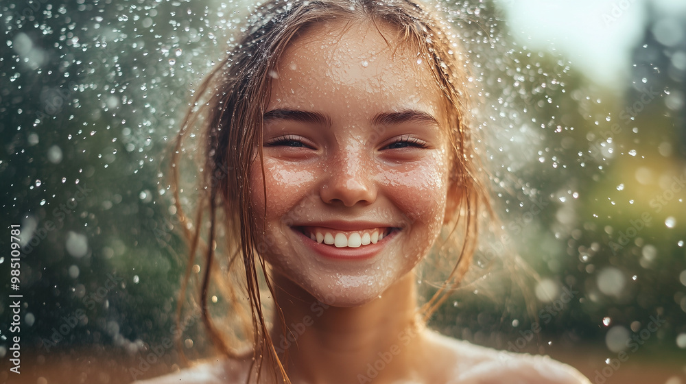 Obraz premium Cute Freckled Girl Smiling While Being Sprayed with Mist