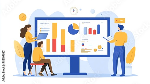 The manager presented charts showing data analysis for business planning. The team works together on project management, financial reports, and strategic planning.