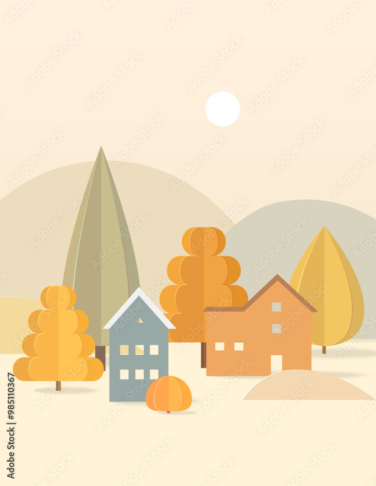Autumn landscape with trees and houses in paper cut style. Vector poster. Autumn landscape with trees and houses in paper cut style. Vector poster.