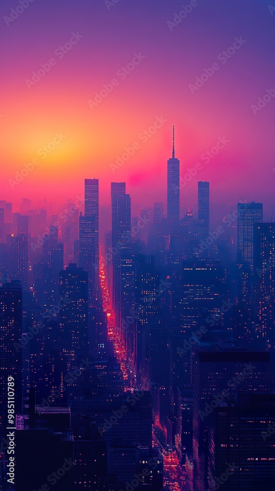 Fototapeta premium Sunset skyline towers silhouetted against colorful sky creating stunning view wallpaper