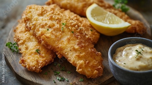 Fry a golden fillet of fish with tartar sauce, lemon wedges, and fresh parsley, then serve with tartar sauce and lemon wedges.