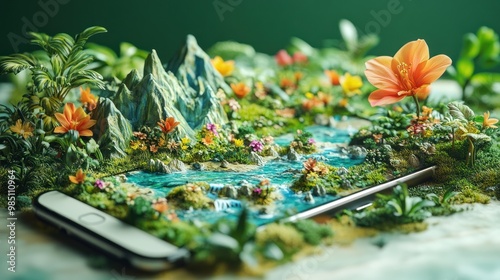 A Miniature Landscape Displayed on a Smartphone photo