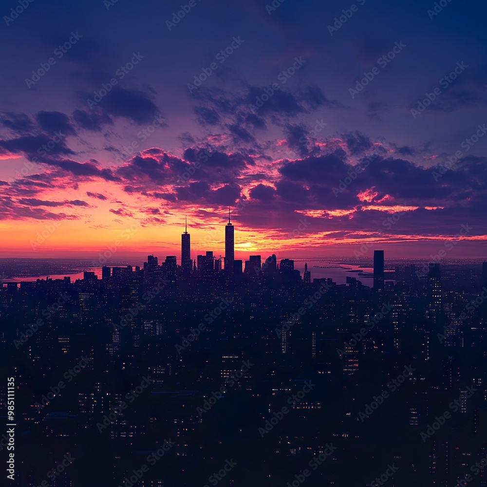 Fototapeta premium Silhouetted towers at sunset over city skyline stunning colorful sky wallpaper