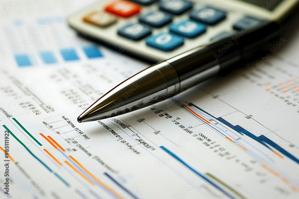 Close up of pen on financial charts and calculator for business, finance, and accounting concepts. Close up of pen on financial charts and calculator for business, finance, and accounting concepts.
