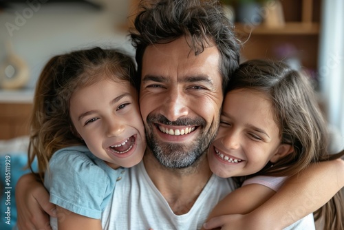 A young girl is hugging a man, both of them smiling, generative ai