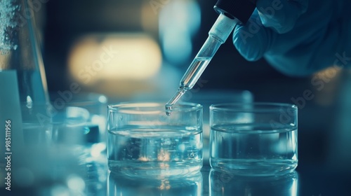 Scientist conducting laboratory experiment by pouring clear liquid into glass dishes with pipette