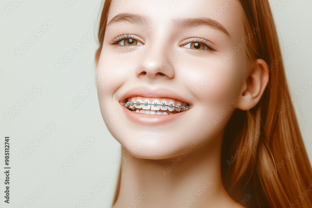 Portrait of a young girl with a smile exposing teeth with metal braces.Background soft, pastel shade Portrait of a young girl with a smile exposing teeth with metal braces.Background soft, pastel shade
