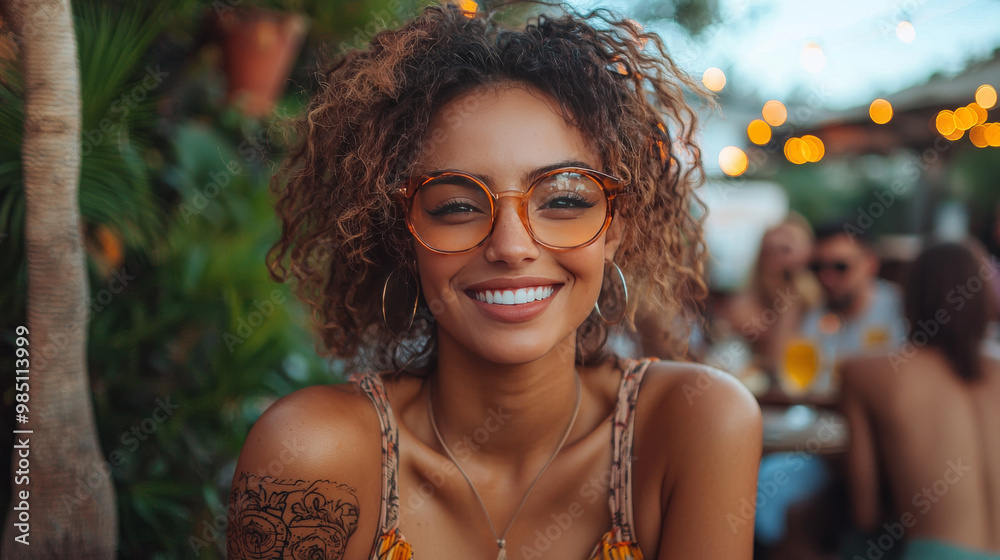 Smiling woman with curly hair wearing round glasses. Smiling woman with curly hair wearing round glasses.