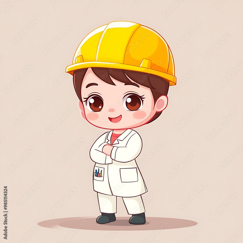 Cute cartoon female engineer with yellow hard hat and white lab coat Cute cartoon female engineer with yellow hard hat and white lab coat