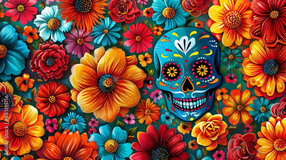 Festive Dia De Muertos pattern background with flowers