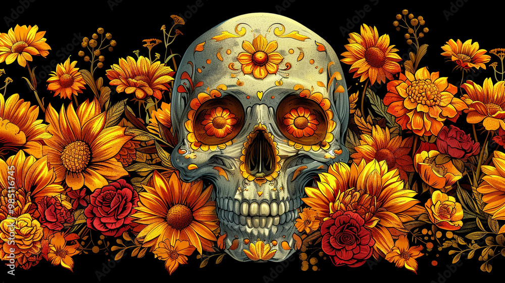 Festive Dia De Muertos pattern background with flowers Festive Dia De Muertos pattern background with flowers