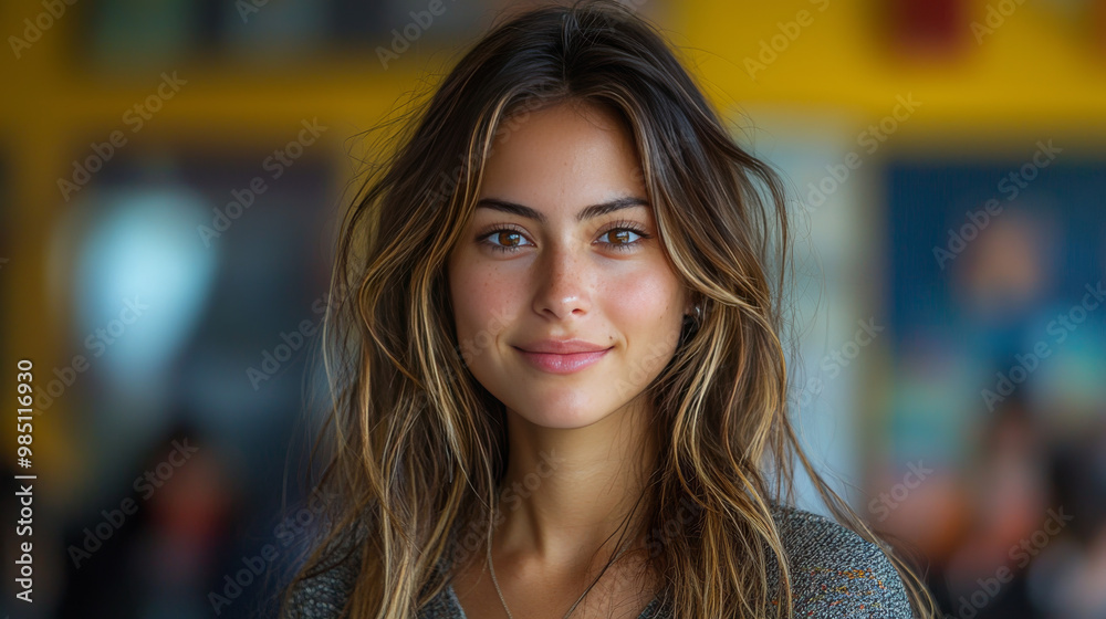 Young woman with long brown hair smiles at the camera. Young woman with long brown hair smiles at the camera.