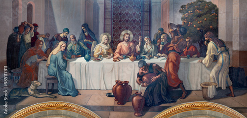 Bild auf Leinwand ASTI, ITALY - SEPTEMBER 10, 2024:  The fresco of the Wedding at Cana in the church Santuario di Nostra Signora Porta Paradisi by Giovanni Bevilacqua (1950)
