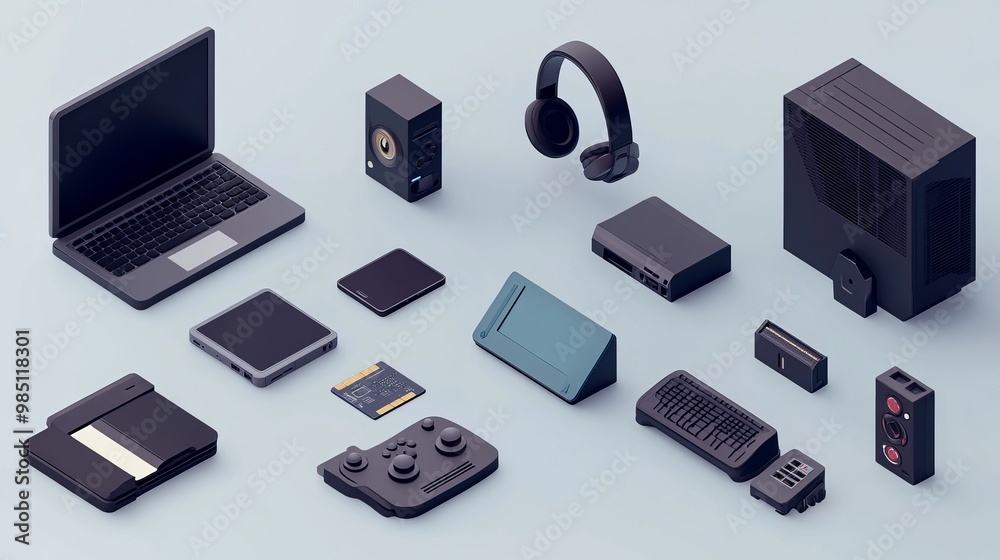 A 3D render vector icon set of various computer devices, including a computer, laptop, smartphone, headphones, printer, game console, floppy disk, and video card