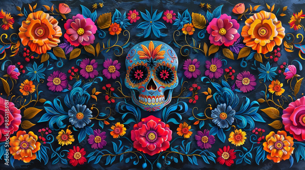 Festive Dia De Muertos pattern background with flowers Festive Dia De Muertos pattern background with flowers