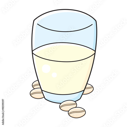 Oat milk glass and oat flakes isolated vector illustration