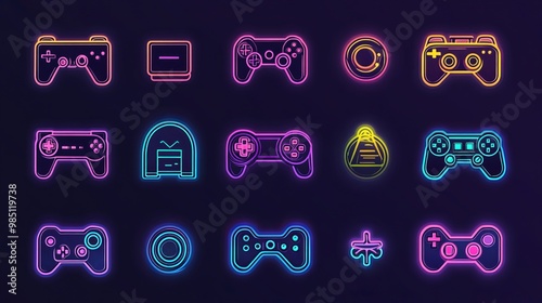 A set of game console or joystick icons, illustrated in a square gradient style, showcasing game controller designs in line art format photo