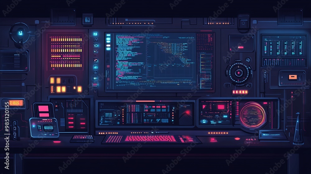A vector illustration of a programming console set against a dark background, emphasizing coding and development tools A vector illustration of a programming console set against a dark background, emphasizing coding and development tools