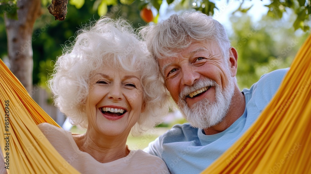 Φωτογραφία A couple of a man and woman are smiling while in the hammock, AI
