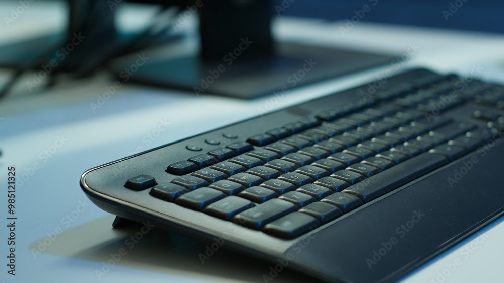 Extreme close up shot of computer displays on desk in server farm used for overseeing equipment. Monitors in data center facility with networking systems installed used for managing rigs Extreme close up shot of computer displays on desk in server farm used for overseeing equipment. Monitors in data center facility with networking systems installed used for managing rigs