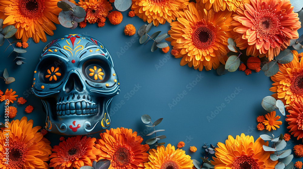 Festive Dia De Muertos pattern background with flowers Festive Dia De Muertos pattern background with flowers
