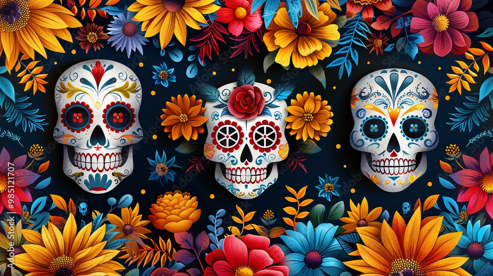 Festive Dia De Muertos pattern background with flowers Festive Dia De Muertos pattern background with flowers