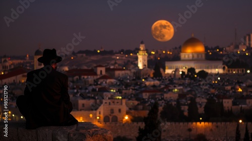 orthodox jew sitting on his back admiring israel with new moon photo