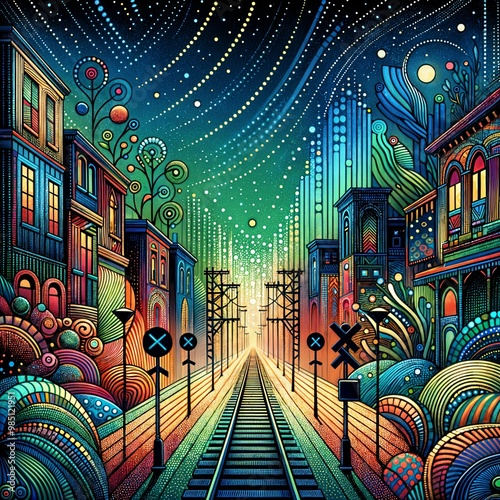 Colors and intricate patterns create a whimsical urban scene, highlighting railway tracks extending towards a glowing horizon under a night sky filled with patterns in Shaw, UK, (Gen, A.I.) photo