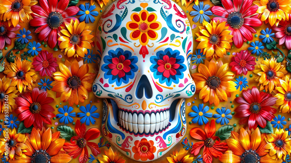 Festive Dia De Muertos pattern background with flowers Festive Dia De Muertos pattern background with flowers