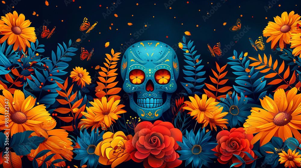 Festive Dia De Muertos pattern background with flowers Festive Dia De Muertos pattern background with flowers