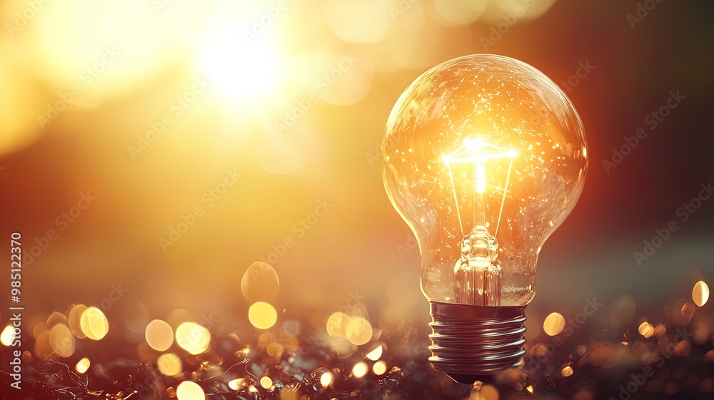 Glowing light bulb in warm sunlight, bokeh background Glowing light bulb in warm sunlight, bokeh background