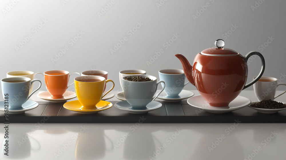 A contemporary tea display featuring a sleek teapot, an assortment of tea types, and stylish teacups. A contemporary tea display featuring a sleek teapot, an assortment of tea types, and stylish teacups.
