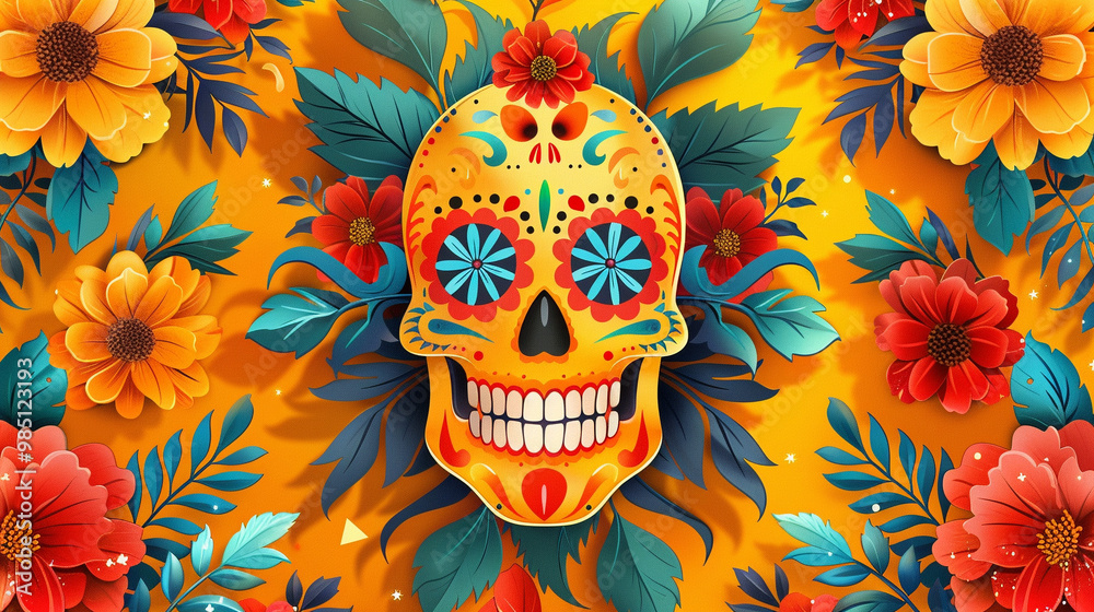 Festive Dia De Muertos pattern background with flowers Festive Dia De Muertos pattern background with flowers