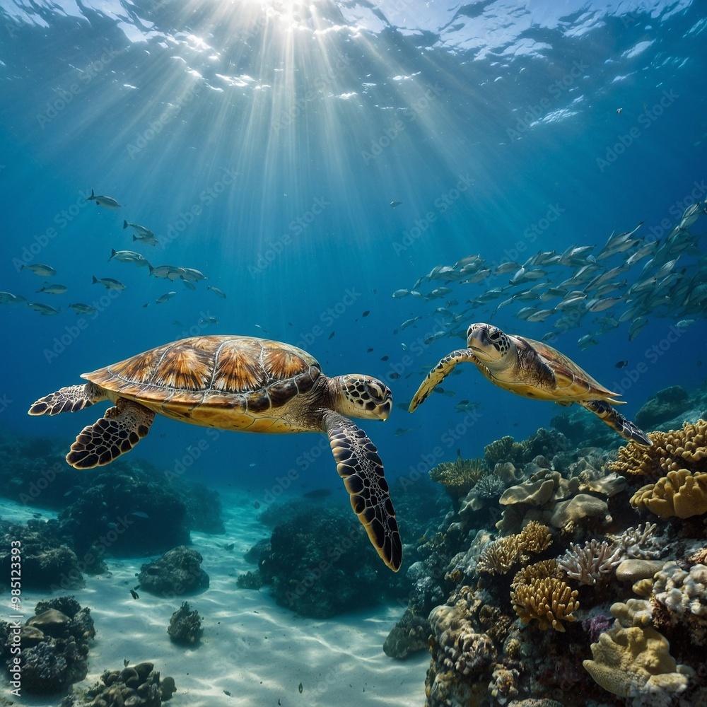 Obraz premium Sea Turtles Swimming Gracefully in Clear Ocean Waters
