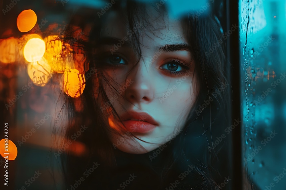 Sad Woman Looking Out Window with Rain Drops, Moody, Melancholy Sad Woman Looking Out Window with Rain Drops, Moody, Melancholy