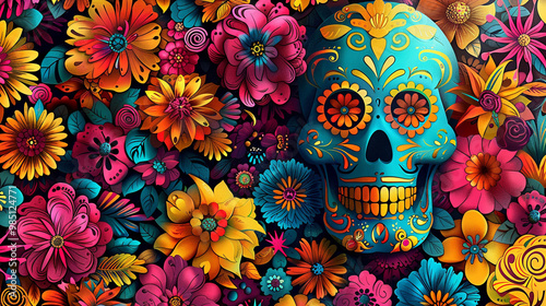 Festive Dia De Muertos pattern background with flowers