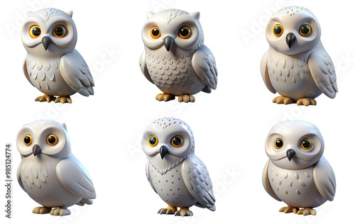 PNG snow owl 3d collection, in cartoon style minimal on transparent, white background, isolate photo